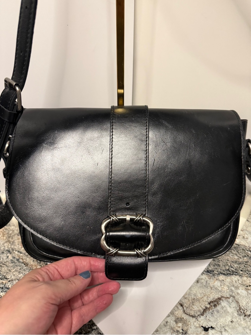 Patricia Nash Classic Black Leather Crossbody Saddle Bag with Decorative Buckle - Picture 2 of 10